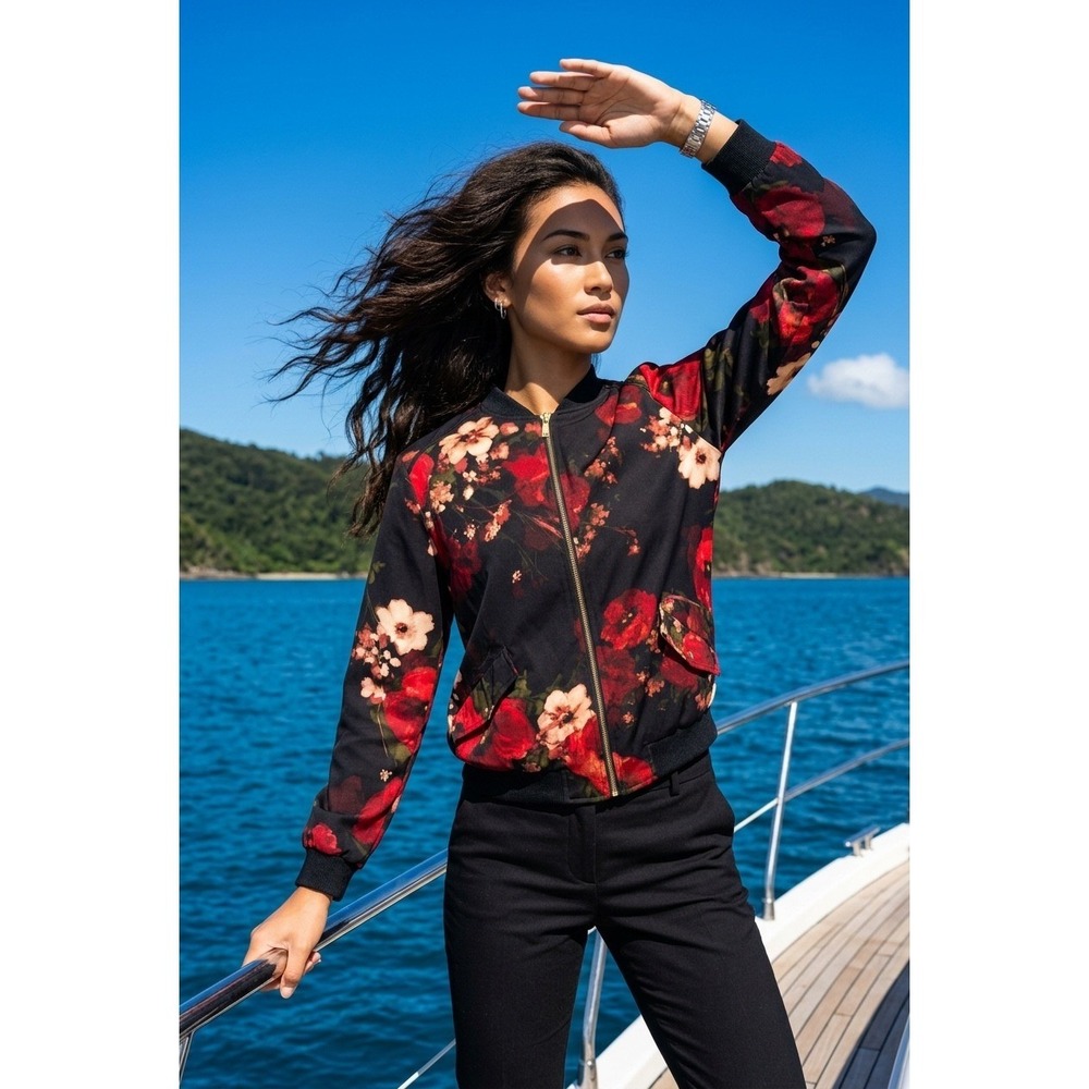 Susan‎ Graver Red Floral Bomber Jacket Black Poppy Print Zip Up Small